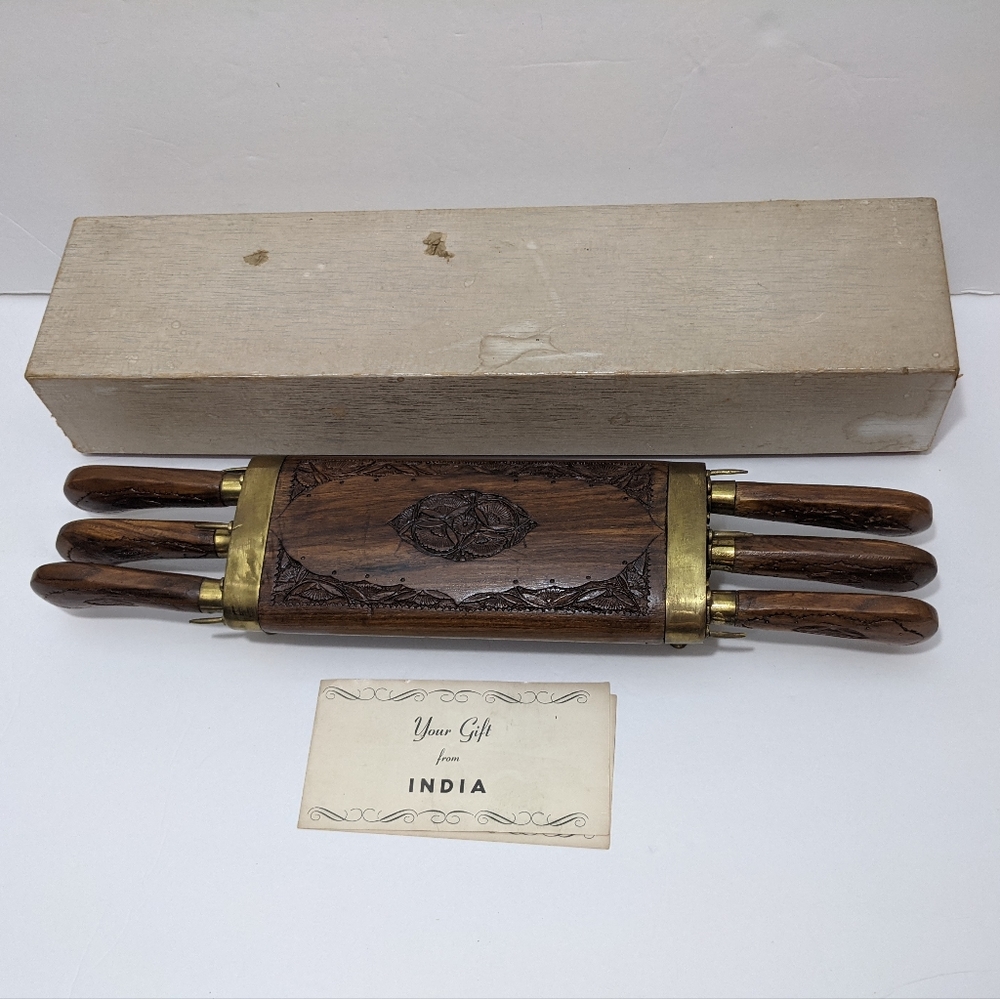 Vintage Unique Ornate Hand Carved Wood and Brass INDIA 6 pc Knife Set with Block